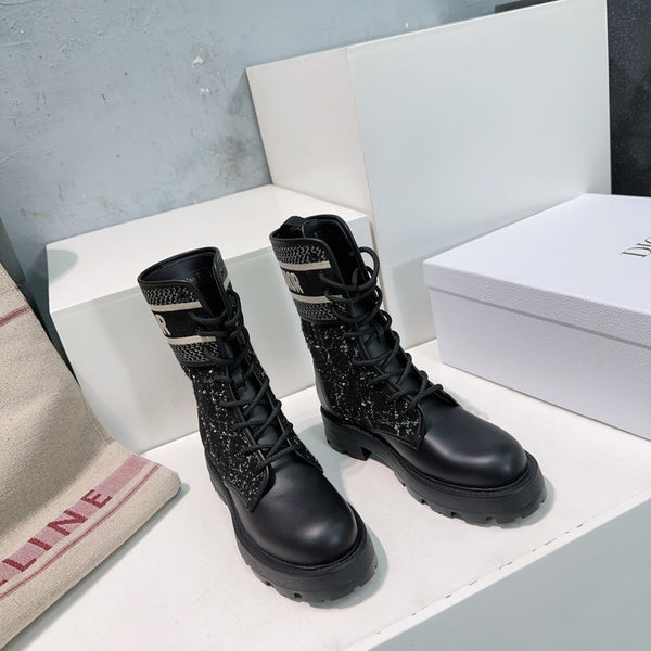 CD Major Ankle Boots Black White Calfskin And Fabric Canvas