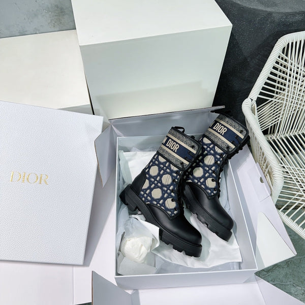 CD Major Ankle Boots Black Navy Blue Calfskin And Fabric Canvas