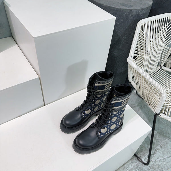 CD Major Ankle Boots Black Navy Blue Calfskin And Fabric Canvas