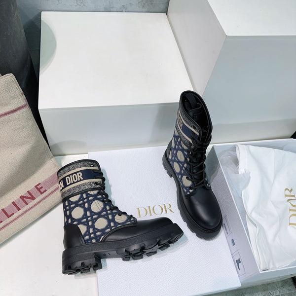 CD Major Ankle Boots Black Navy Blue Calfskin And Fabric Canvas