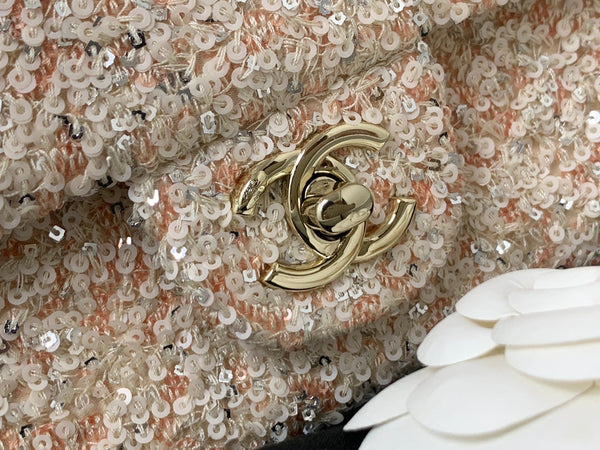 25C Flap Bag 20cm Beige Polka Dot Silver Sequin Calfskin