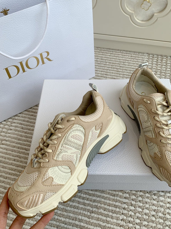 CD Chrono Sneaker In Light Brown And Ivory White Mesh Fabric And Suede 105379