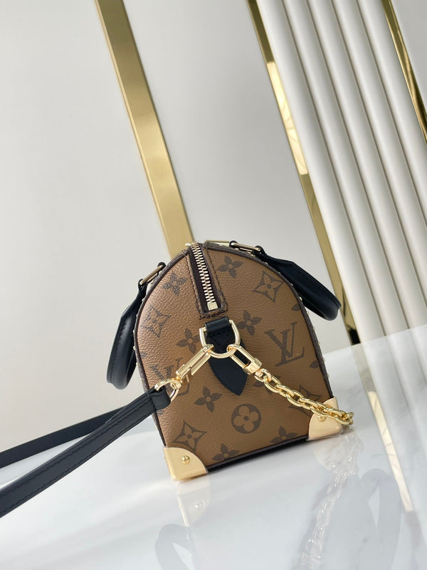 SPEEDY TRUNK 20 IN TELA MONOGRAM MARRONE E RIFINITURE IN PELLE DI VITELLO NERA, FIBBIA ORO