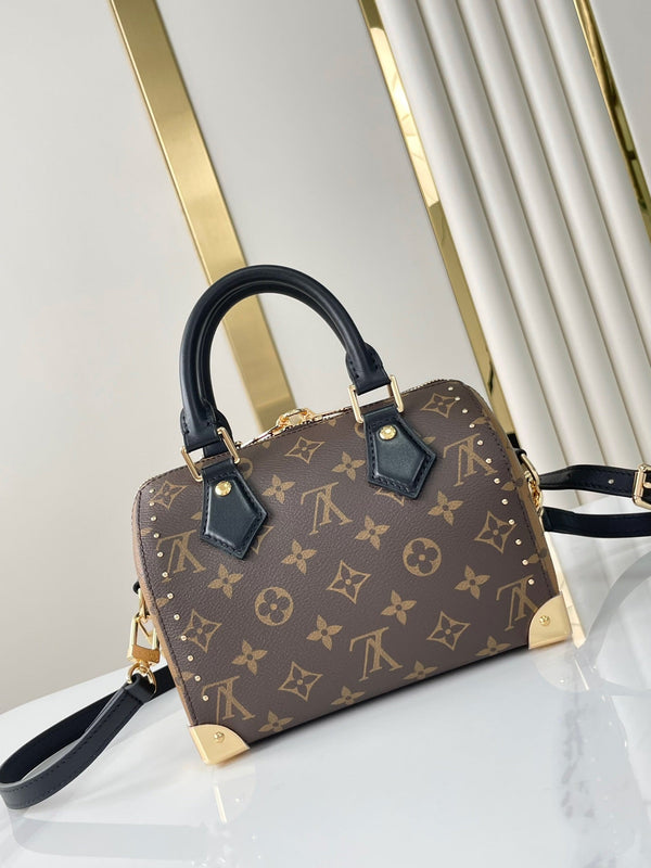 SPEEDY TRUNK 20 IN TELA MONOGRAM MARRONE E RIFINITURE IN PELLE DI VITELLO NERA, FIBBIA ORO