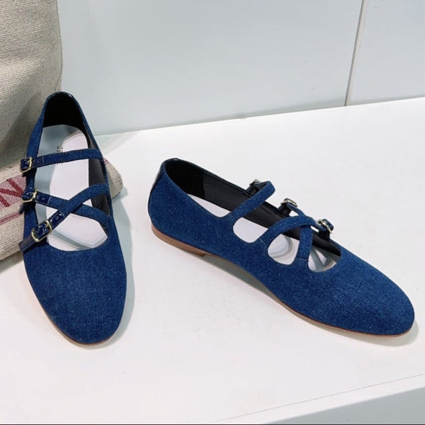 LES BALLERINES CELINE BABIES IN CLASSIC BLUE DENIM FABRIC