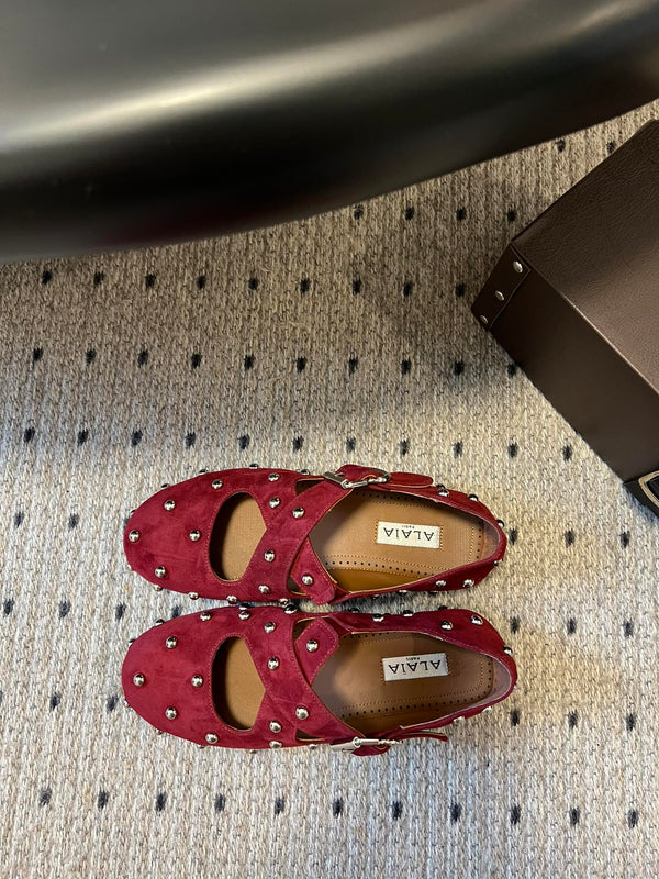 Alaia 25 Criss Cross With Stud Ballet Flats Ruby Red Suede Sheepskin 303690