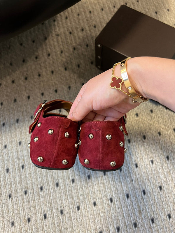 Alaia 25 Criss Cross With Stud Ballet Flats Ruby Red Suede Sheepskin 303690