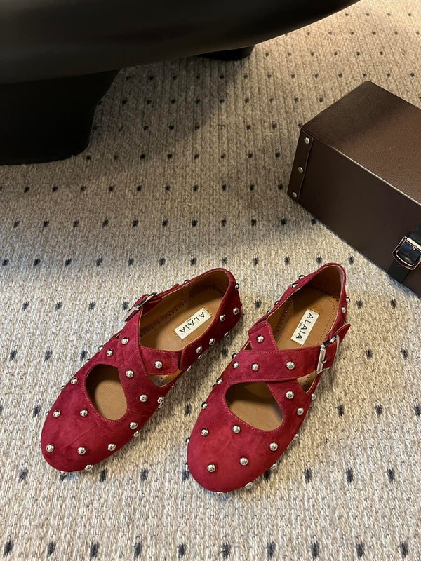 Alaia 25 Criss Cross With Stud Ballet Flats Ruby Red Suede Sheepskin 303690