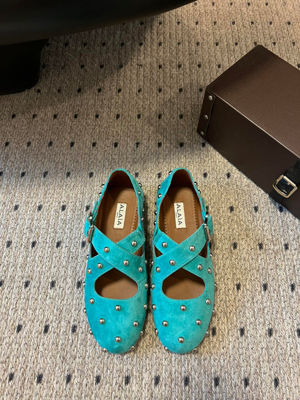 Alaia 25 Criss Cross With Stud Ballet Flats Lagoon Green Suede Sheepskin 303692