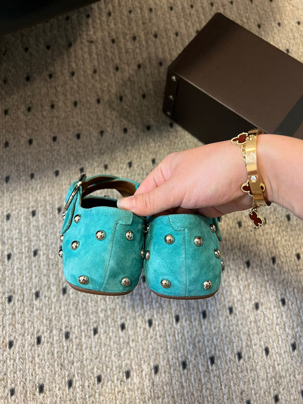 Alaia 25 Criss Cross With Stud Ballet Flats Lagoon Green Suede Sheepskin 303692