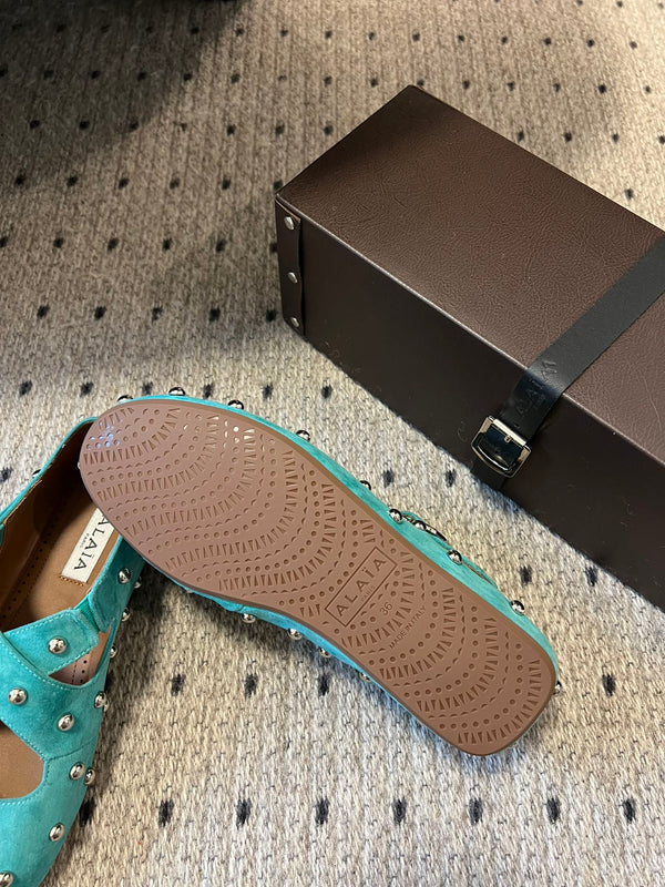 Alaia 25 Criss Cross With Stud Ballet Flats Lagoon Green Suede Sheepskin 303692