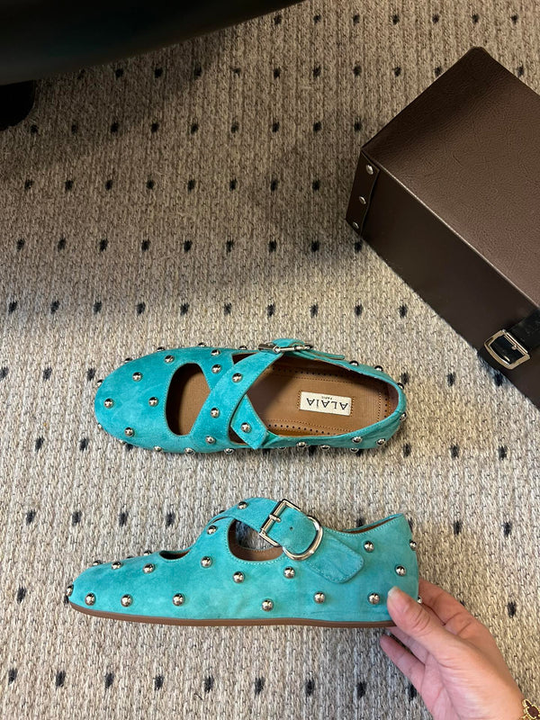 Alaia 25 Criss Cross With Stud Ballet Flats Lagoon Green Suede Sheepskin 303692