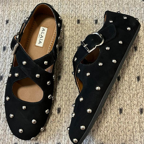 Alaia 25 Criss Cross With Stud Ballet Flats Black Suede Sheepskin 303693