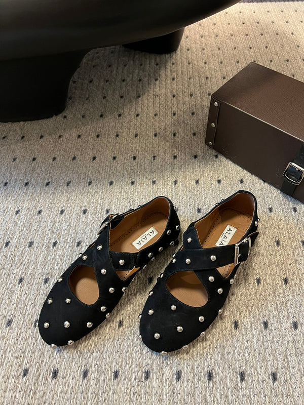 Alaia 25 Criss Cross With Stud Ballet Flats Black Suede Sheepskin 303693