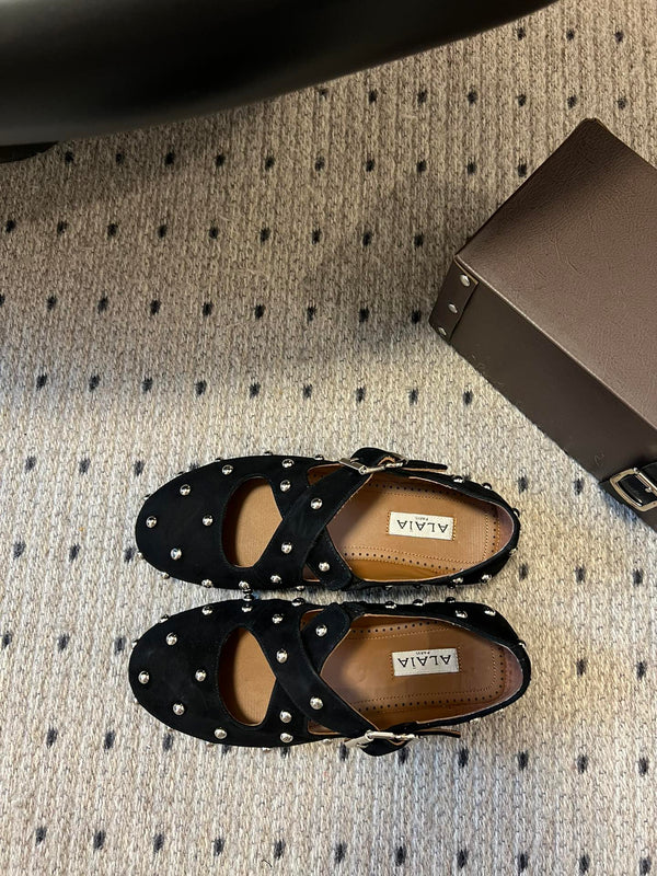 Alaia 25 Criss Cross With Stud Ballet Flats Black Suede Sheepskin 303693
