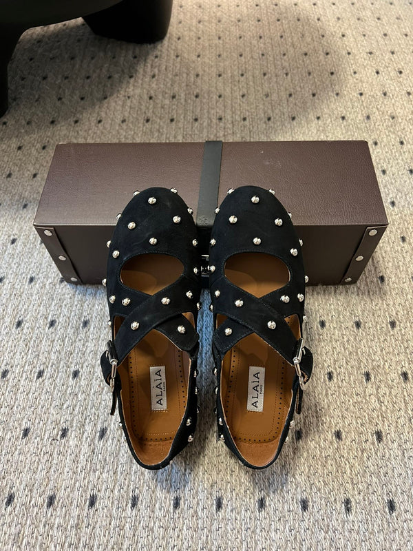 Alaia 25 Criss Cross With Stud Ballet Flats Black Suede Sheepskin 303693