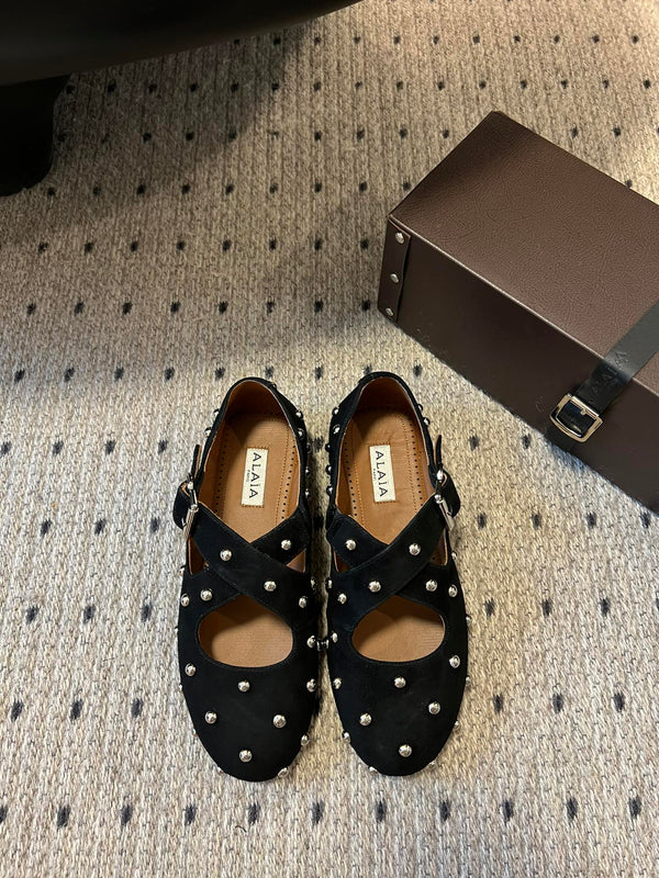 Alaia 25 Criss Cross With Stud Ballet Flats Black Suede Sheepskin 303693