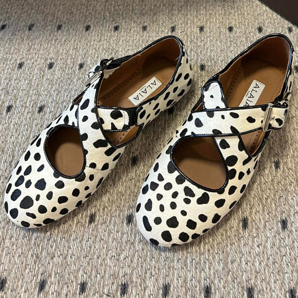 Alaia 25 Criss Cross With Stud Ballet Flats Black White Suede Sheepskin 303694