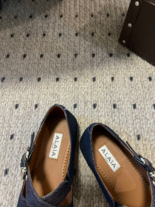 Alaia 25 Criss Cross With Stud Ballet Flats Denim Blue Sheepskin 303695