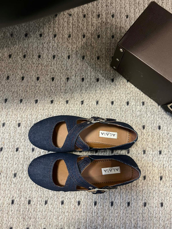 Alaia 25 Criss Cross With Stud Ballet Flats Denim Blue Sheepskin 303695