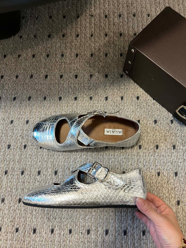 Alaia 25 Criss Cross With Stud Ballet Flats Silver Sheepskin 303696