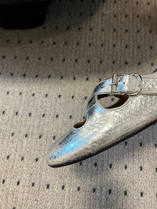 Alaia 25 Criss Cross With Stud Ballet Flats Silver Sheepskin 303696