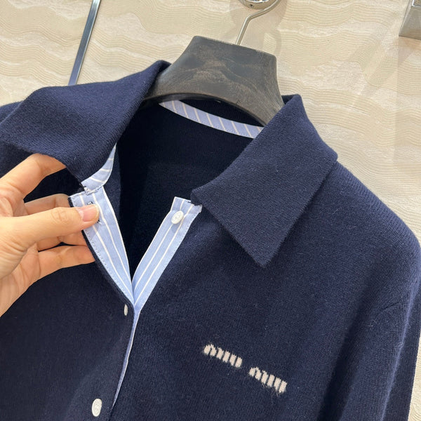 Miu Miu Polo Collar Cardigan Navy Blue Cashmere
