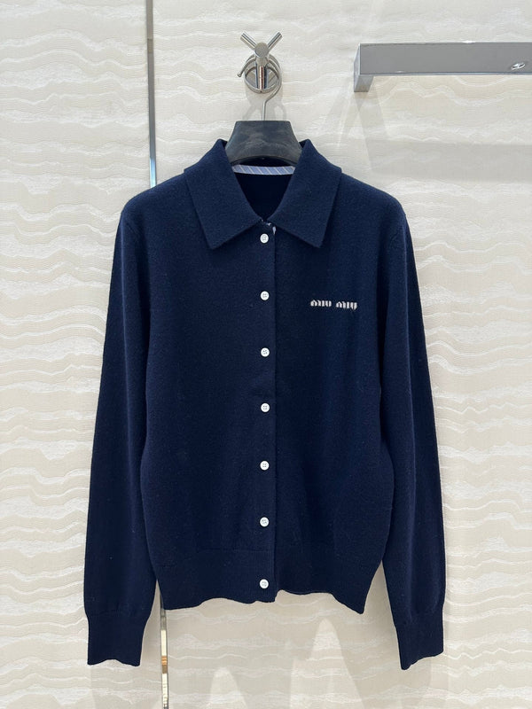 Miu Miu Polo Collar Cardigan Navy Blue Cashmere