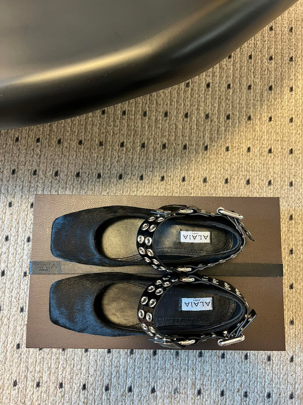 Alaia 25 Biker Ballet Flats Black Horsehair Sheepskin 303729