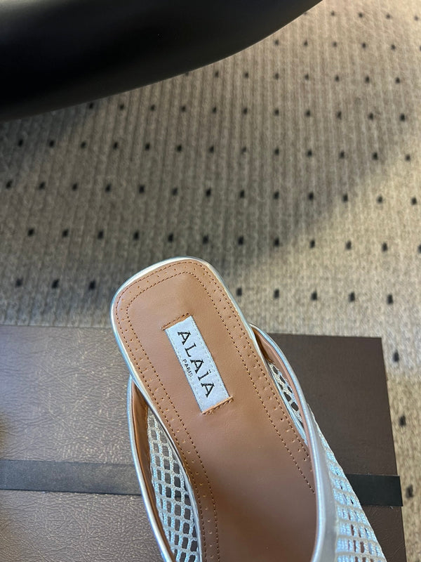 Alaia 25 Fishnet Flat Mules Silver Lampskin 303679