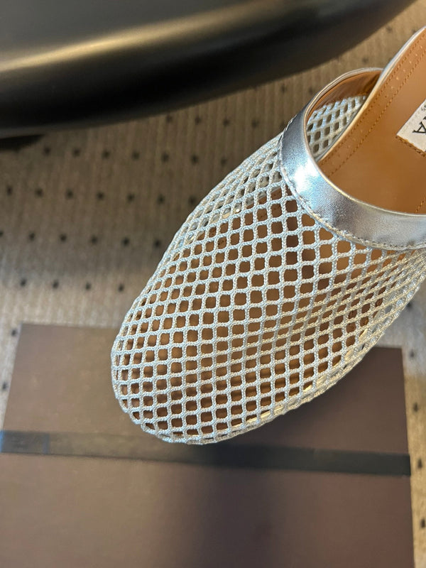 Alaia 25 Fishnet Flat Mules Silver Lampskin 303679