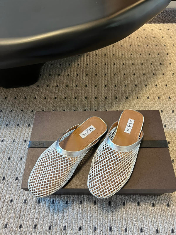Alaia 25 Fishnet Flat Mules Silver Lampskin 303679
