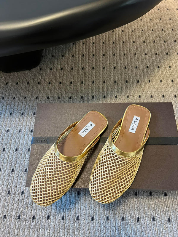 Alaia 25 Fishnet Flat Mules Gold Lampskin 303680