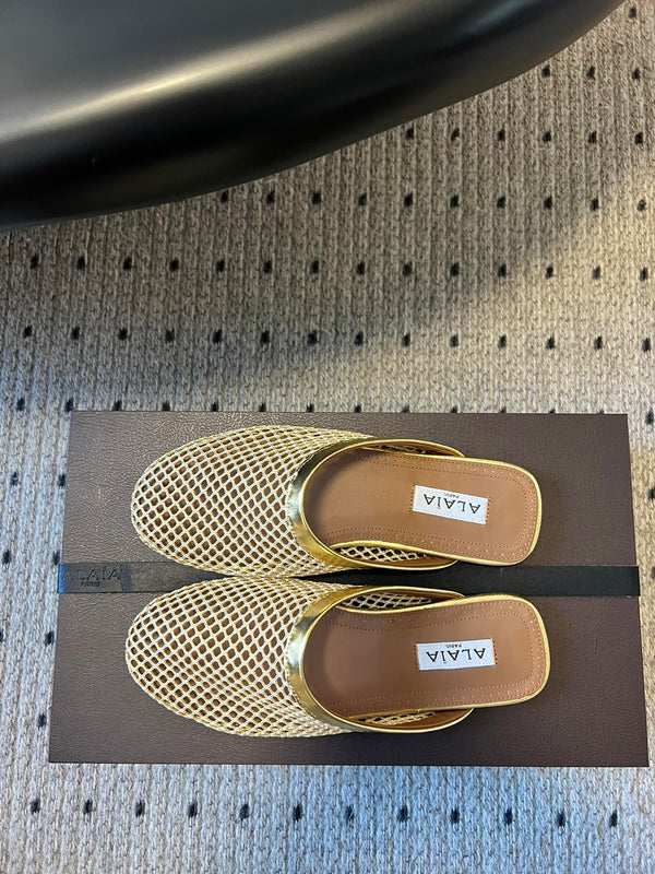 Alaia 25 Fishnet Flat Mules Gold Lampskin 303680