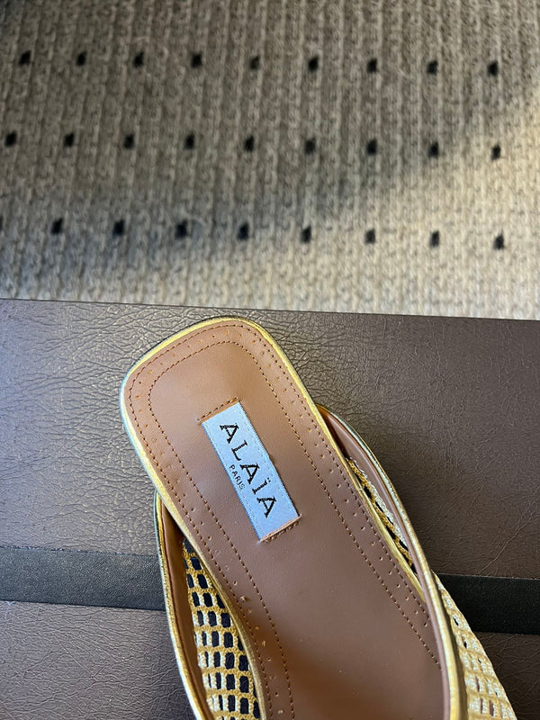 Alaia 25 Fishnet Flat Mules Gold Lampskin 303680