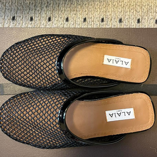Alaia 25 Fishnet Flat Mules Black Lampskin 303685