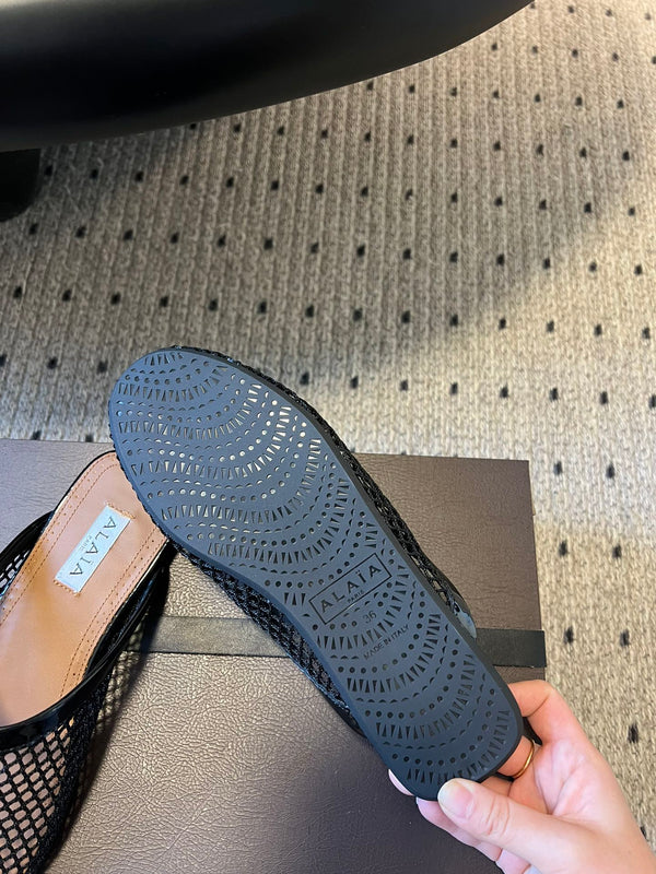 Alaia 25 Fishnet Flat Mules Black Lampskin 303685