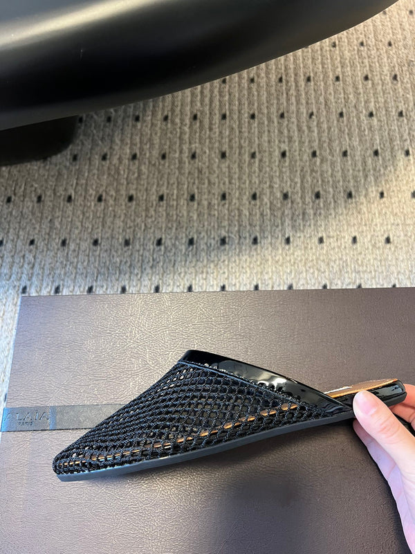 Alaia 25 Fishnet Flat Mules Black Lampskin 303685