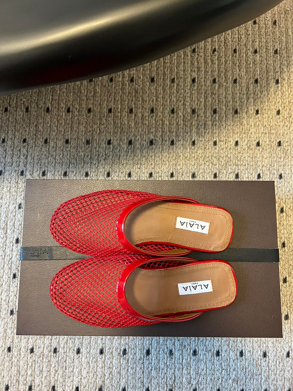 Alaia 25 Fishnet Flat Mules Red Lampskin 303682