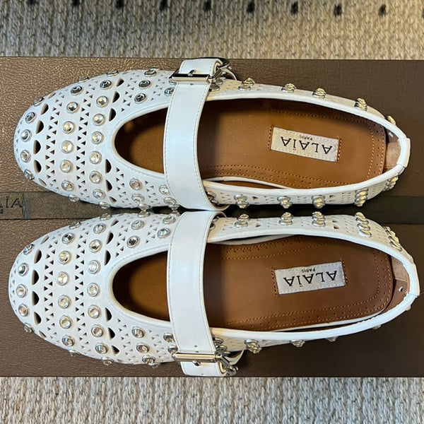 Alaia 25 Vienne With Strass Ballet Flats White Lambskin 303721