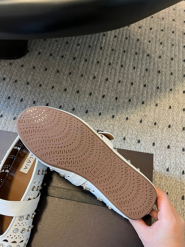 Alaia 25 Vienne con Strass Ballerine in Pelle di Agnello Bianca 303721