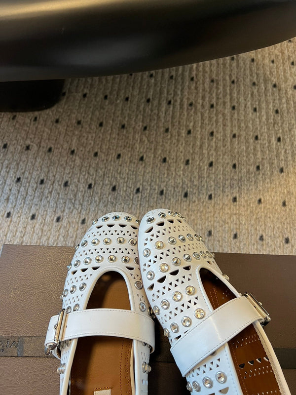 Alaia 25 Vienne con Strass Ballerine in Pelle di Agnello Bianca 303721