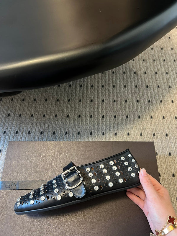 Alaia 25 Vienne With Strass Ballet Flats Black Lambskin 303722