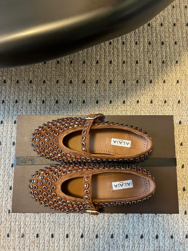 Alaia 25 Strass Ballet Flats Brown Suede Goatskin 303723