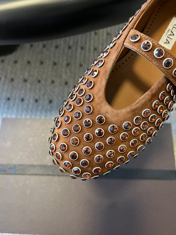 Alaia 25 Strass Ballet Flats Brown Suede Goatskin 303723