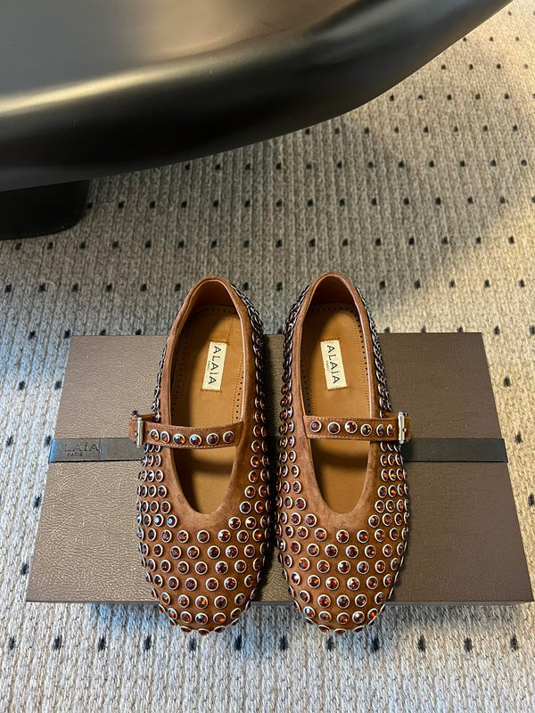 Alaia 25 Strass Ballet Flats Brown Suede Goatskin 303723