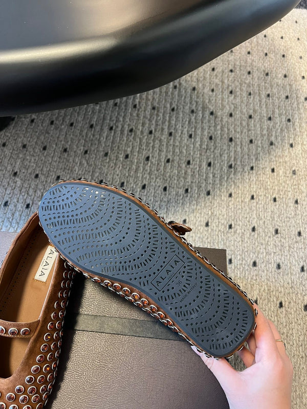 Alaia 25 Strass Ballet Flats Brown Suede Goatskin 303723