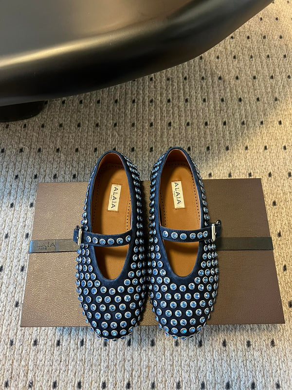 Alaia 25 Strass Ballerine in Pelle Scamosciata Blu Navy 303724