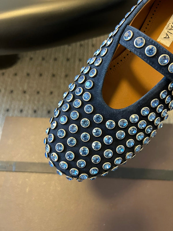 Alaia 25 Strass Ballerine in Pelle Scamosciata Blu Navy 303724