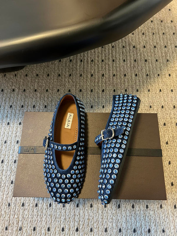 Alaia 25 Strass Ballerine in Pelle Scamosciata Blu Navy 303724